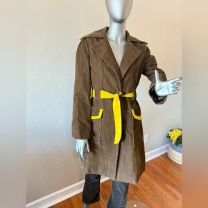 Alice + Olivia Brown Corduroy Knee‎ Length Trench Coat with Yellow Accents